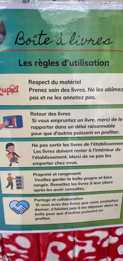 Boîte à livres Les règles d'utilisation : - Respect du matériel - Retour des livres - Les livres dans l'établissement - Propreté et rangement - Partage et collaboration
